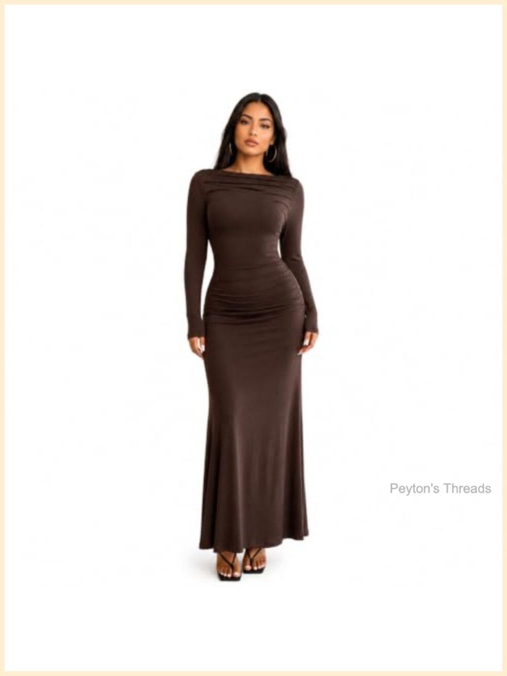 Elegant Long Sleeve Ruched Waist Maxi Dress Bodycon High Neck Stretch